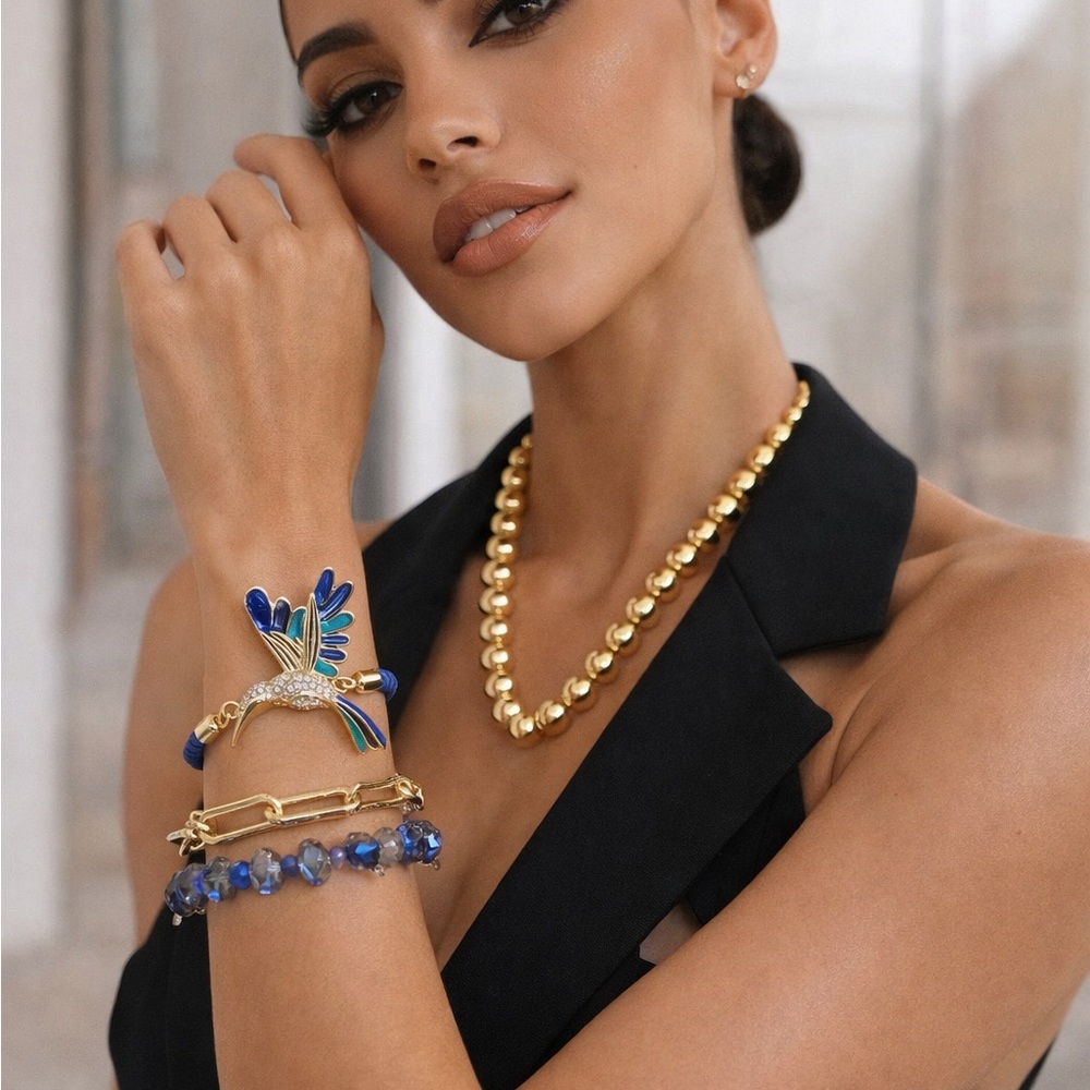 Vibrant Blue and Gold Bird Bracelet Set